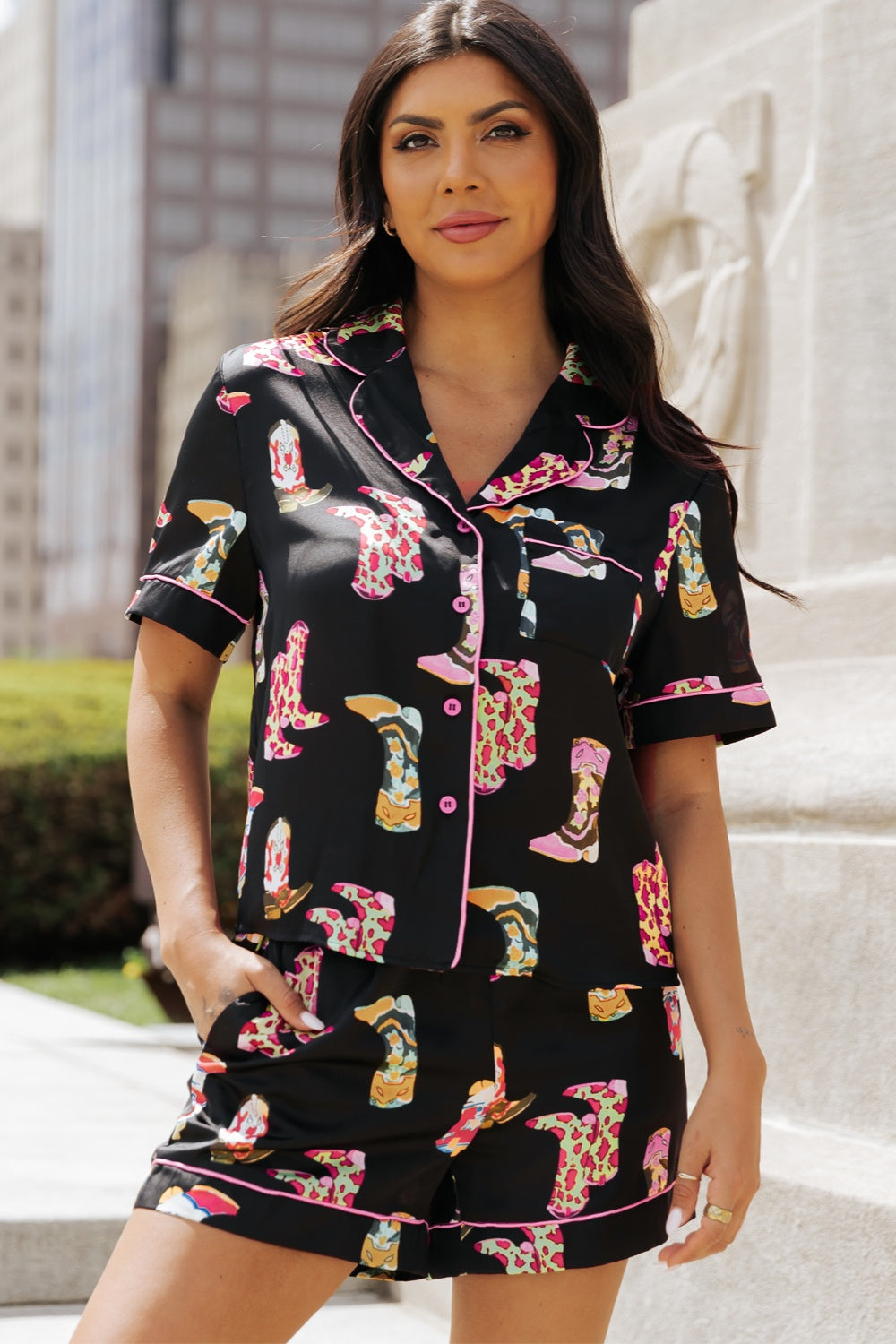 Stylish Printed Short Sleeve Lounge Set with Button-Up Top and Shorts