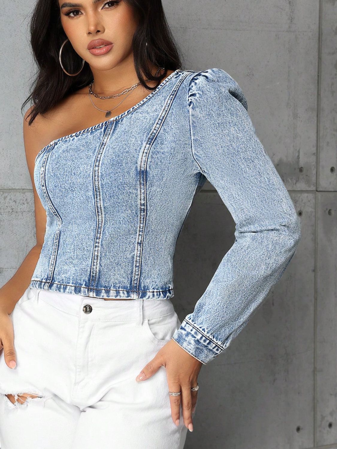 Denim One-Shoulder Top with Long Sleeve