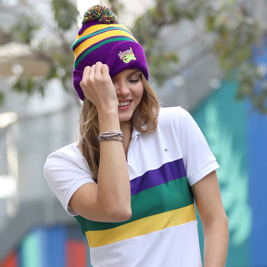 Mardi Gras Pom Pom Embroidered Beanie