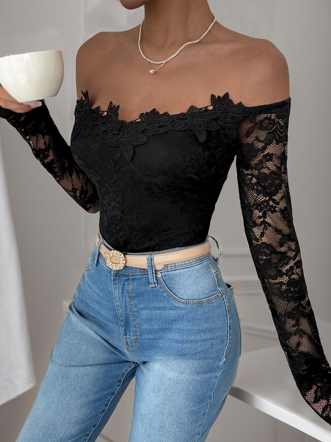 Lace Off-Shoulder Long Sleeve Bodysuit by Perfee