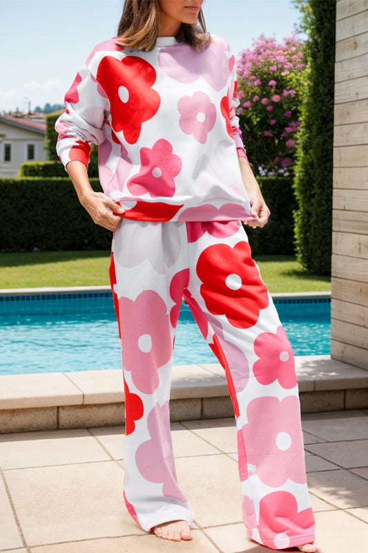 Floral Printed Long Sleeve Lounge Set with Round Neck and Pants