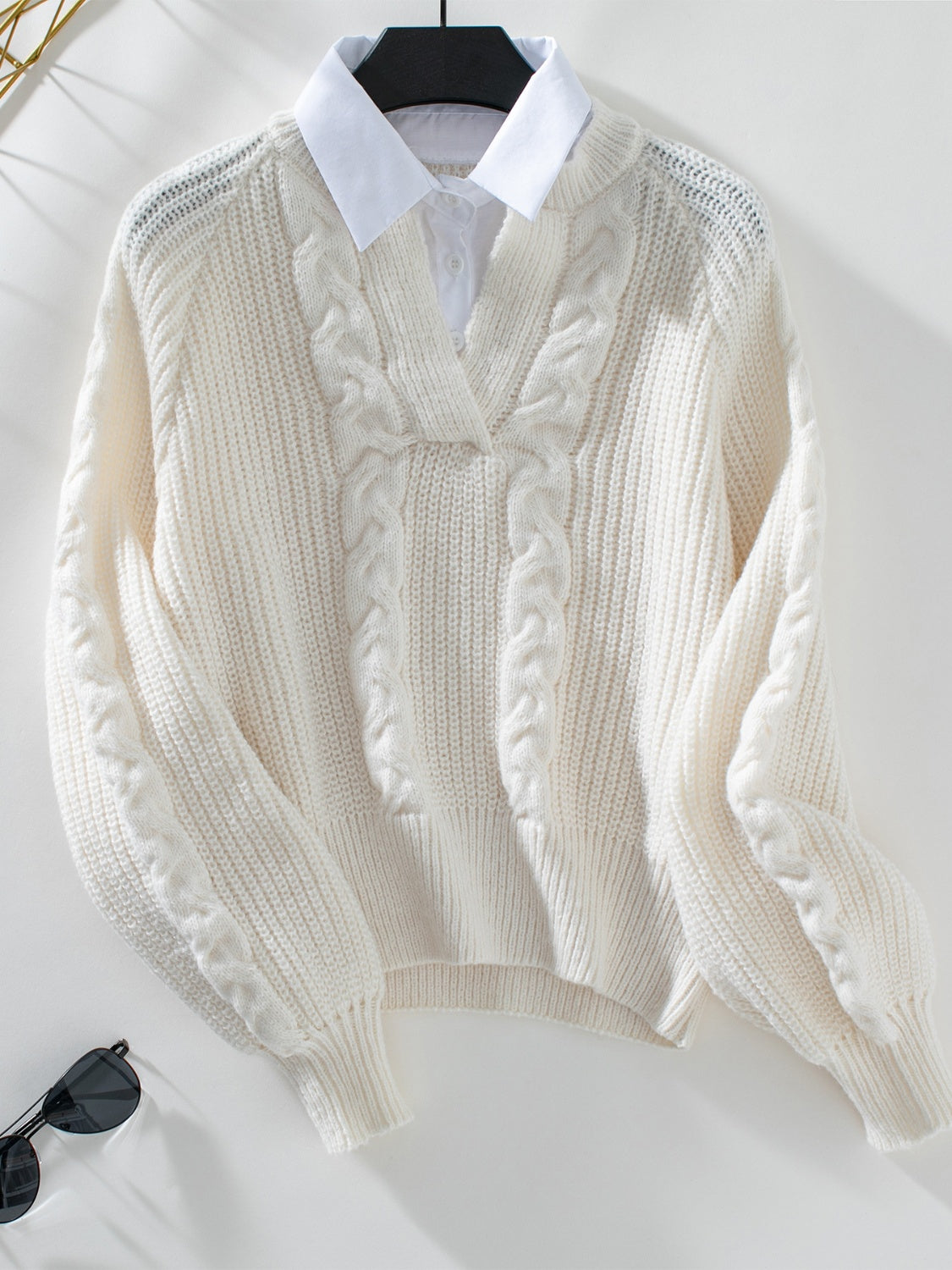 Layered Look Cable-Knit Sweater with Collared Neck