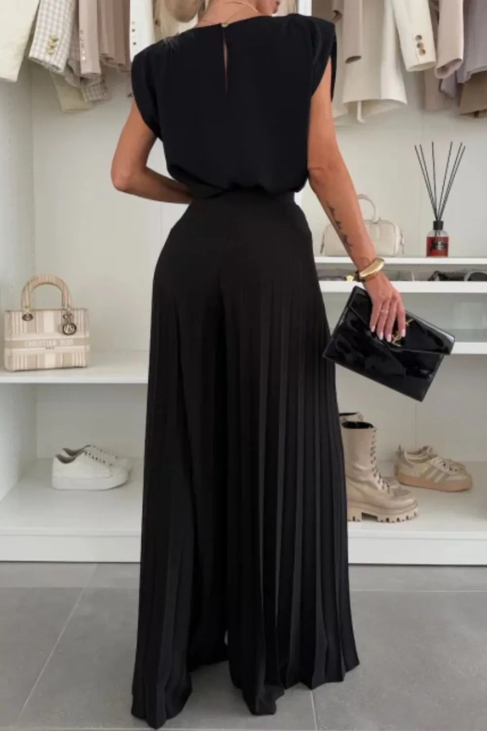 Stylish Round Neck Top and Pleated Pants Set, featuring buttoned detail and ruched design, perfect for any occasion.
