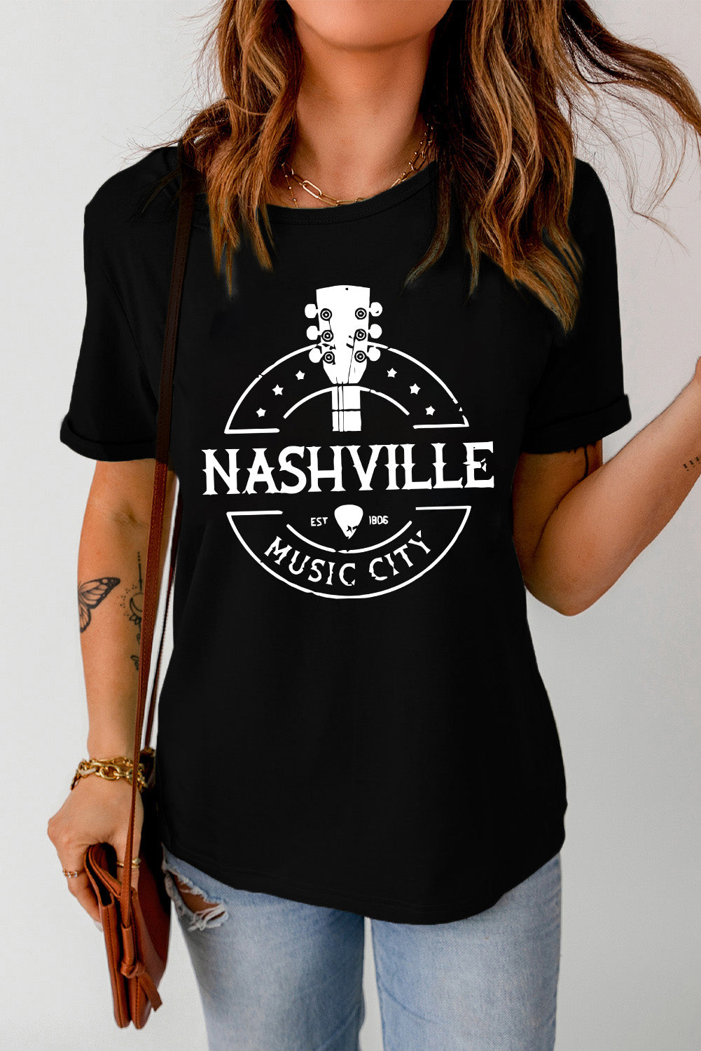 Nashville Music City Graphic Tee Shirt with Cuffed Sleeves