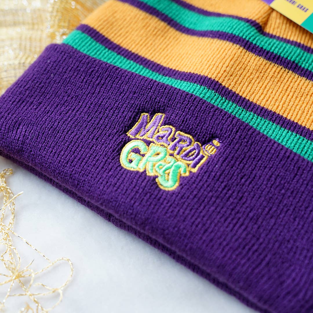 Mardi Gras Pom Pom Embroidered Beanie