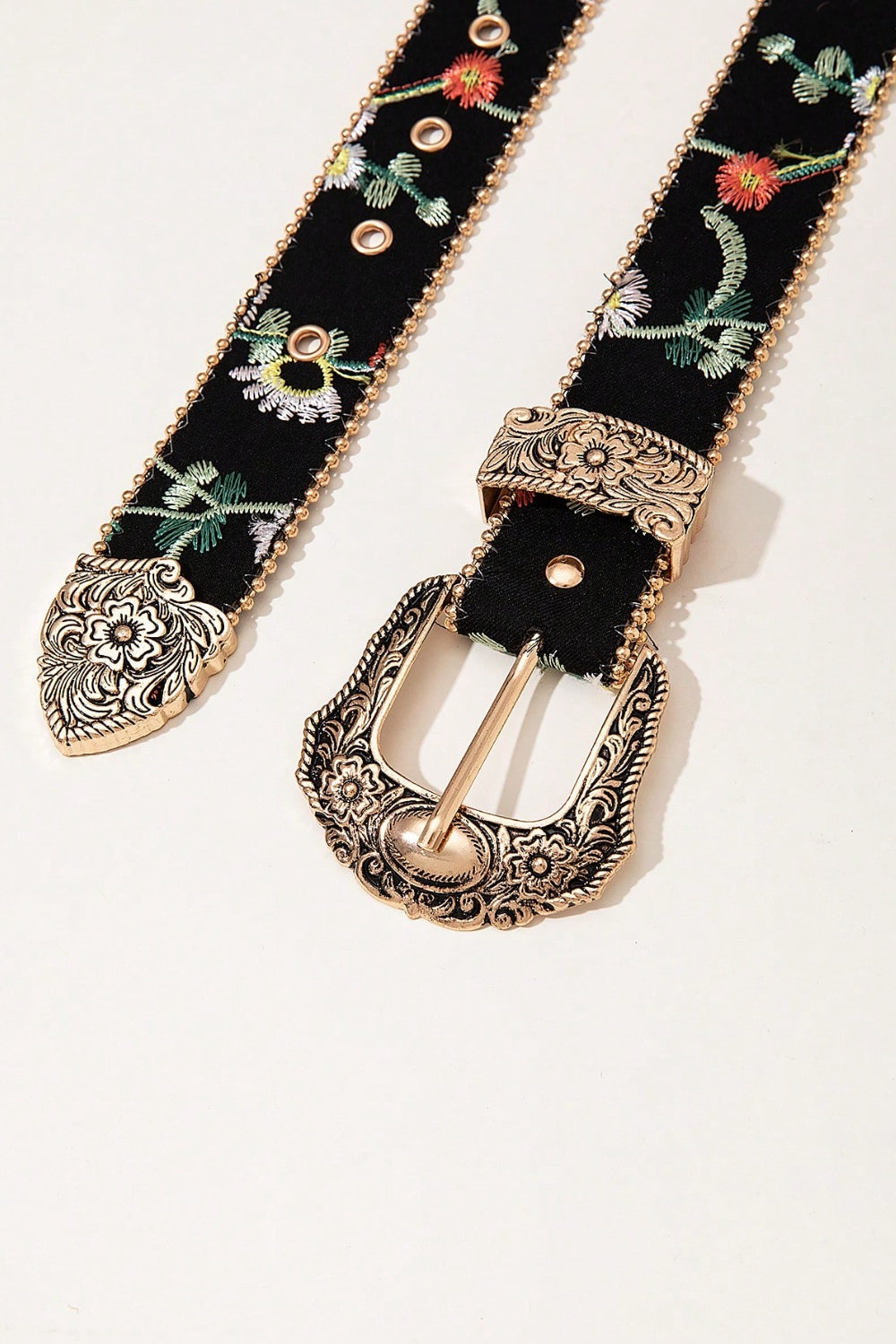 Embroidered Leather Adjustable Buckle Belt