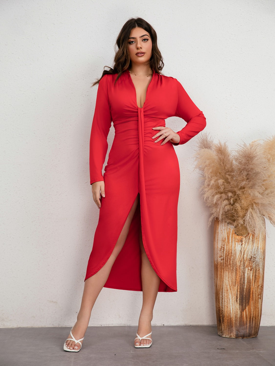 Curvy Chic Plunge Ruched Slit Dress