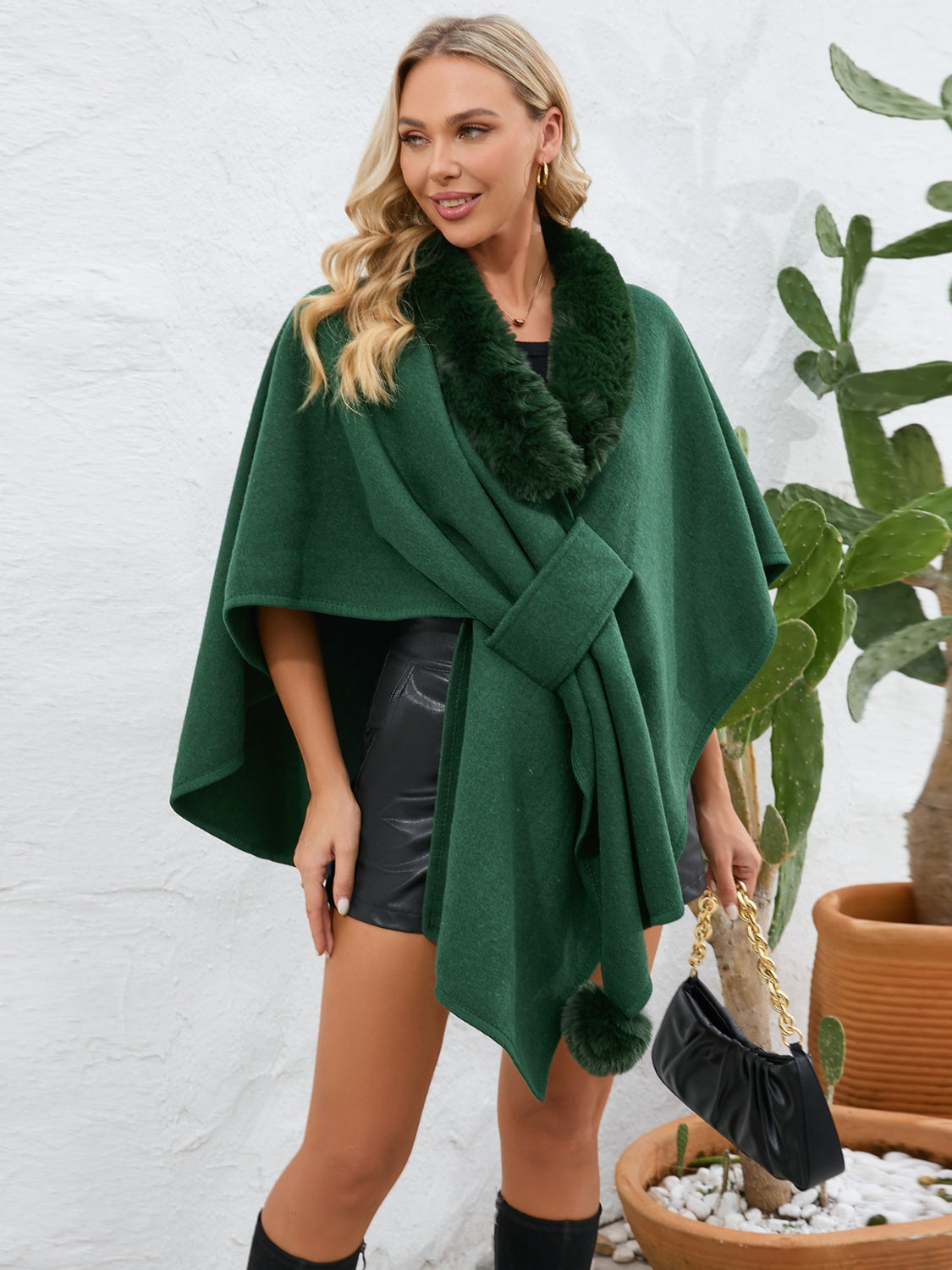 Cozy Fuzzy Trim Open Front Cape