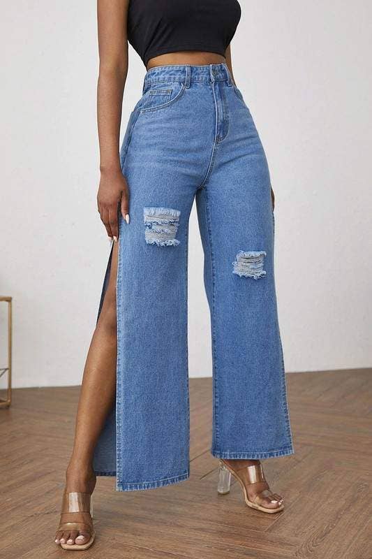 High Rise Distressed Cotton Straight Leg Jeans with Side Splits