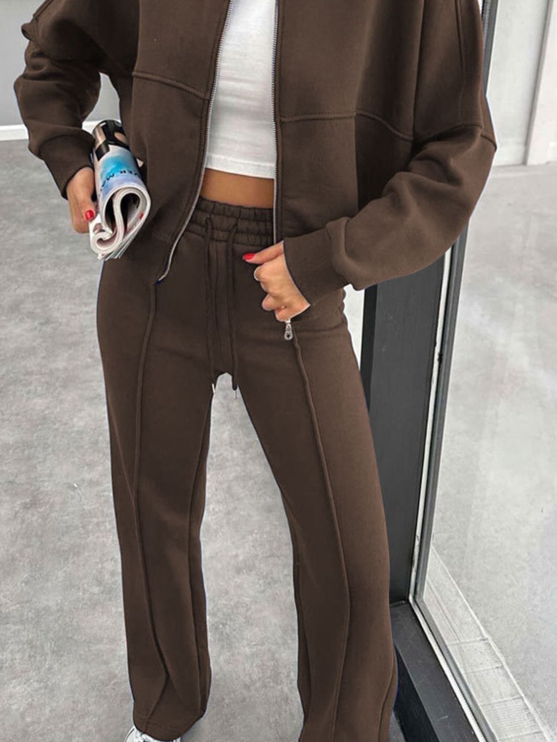 Fuzzy Lined Baseball Collar Zip-Up Jacket and Adjustable Drawstring Pants Set