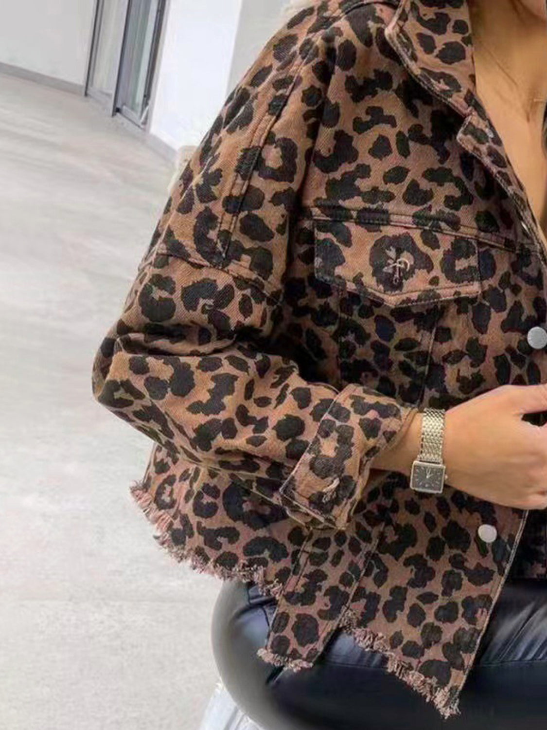 Leopard Print Raw Hem Denim Jacket with Collared Neck