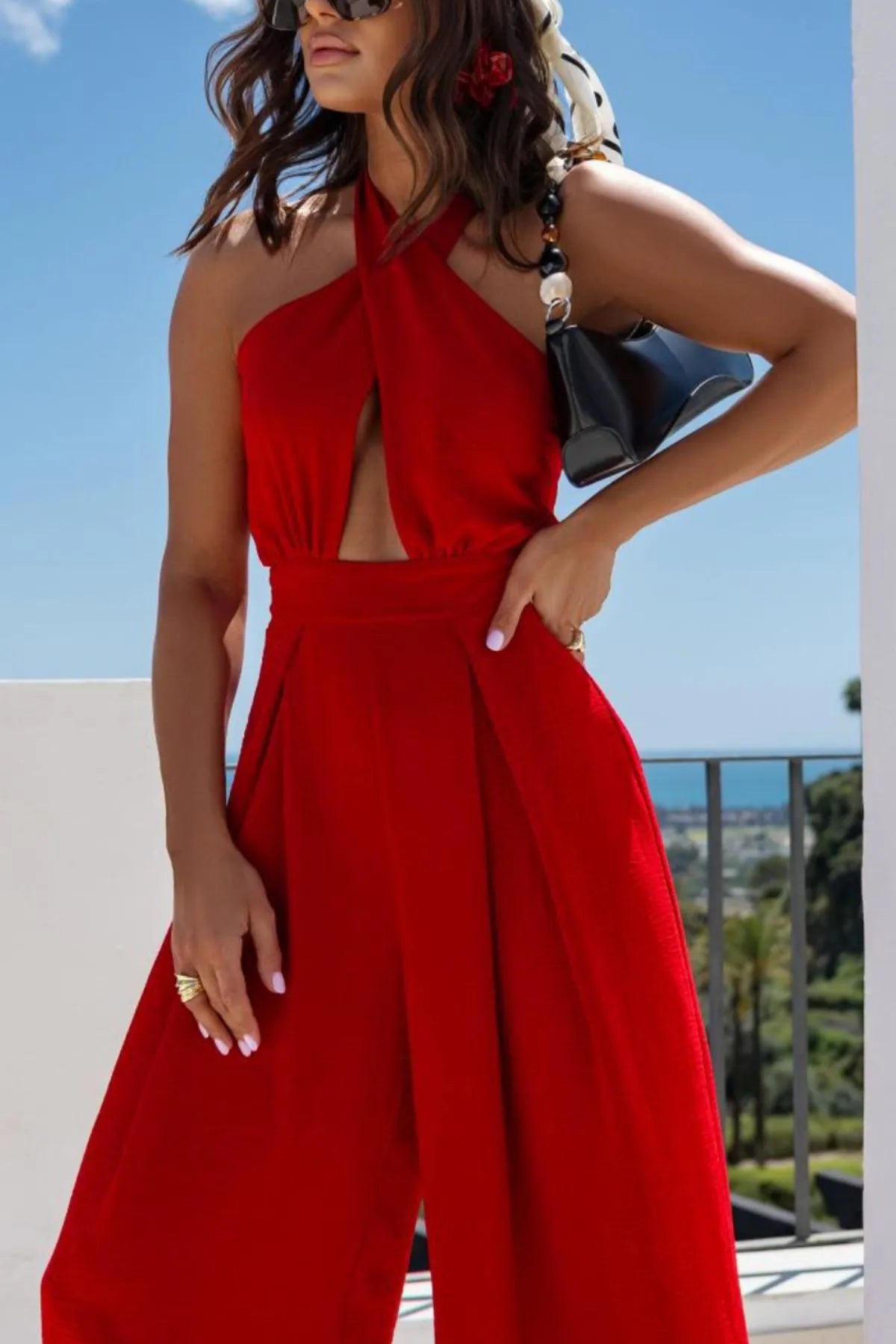 Halter Neck Wide Leg Jumpsuit with Keyhole Detail featuring cutout, backless design, perfect for summer style, available at Max Origin.