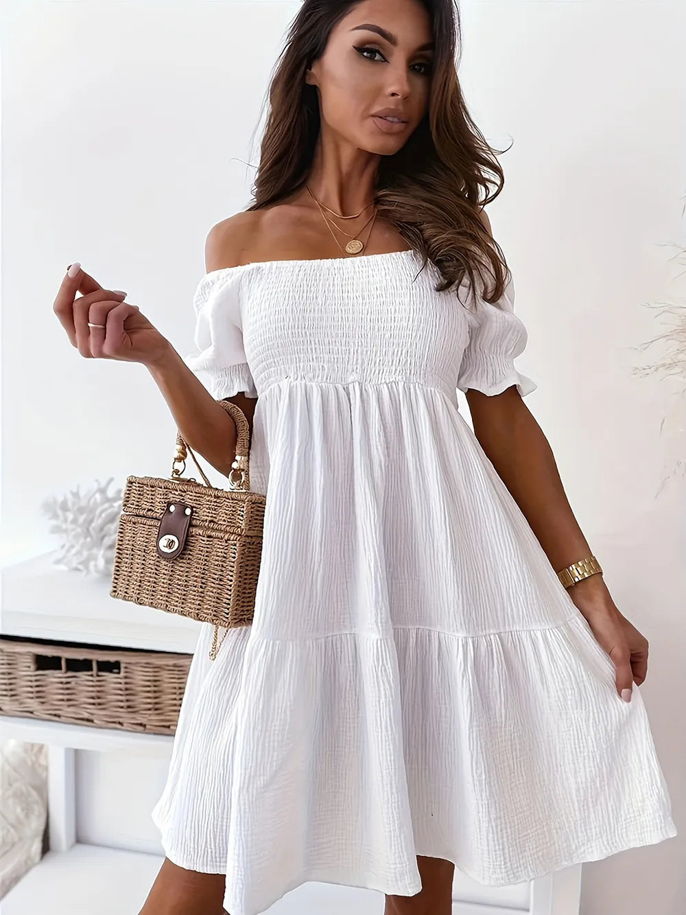 Stylish Ruffled Off-Shoulder Short Sleeve Dress from ShopStyle featuring ruched, sheer ruffles, slight stretch, and machine washable fabric.