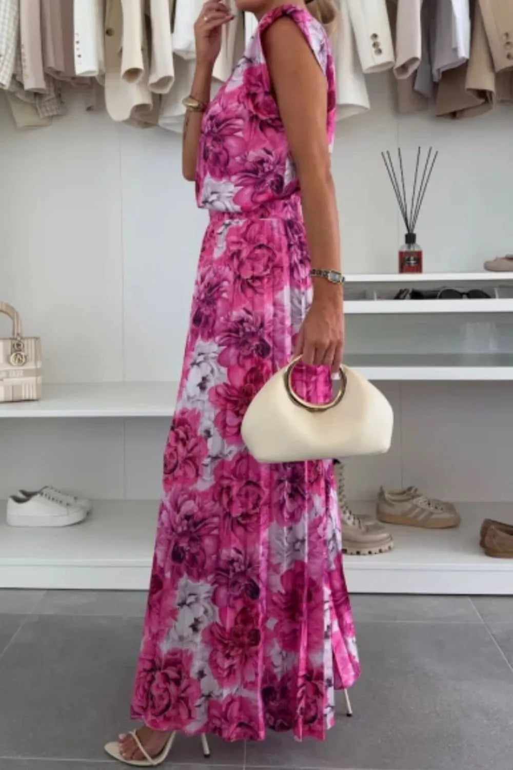 Stylish Round Neck Top and Pleated Pants Set in floral print, perfect for casual outings or special occasions.