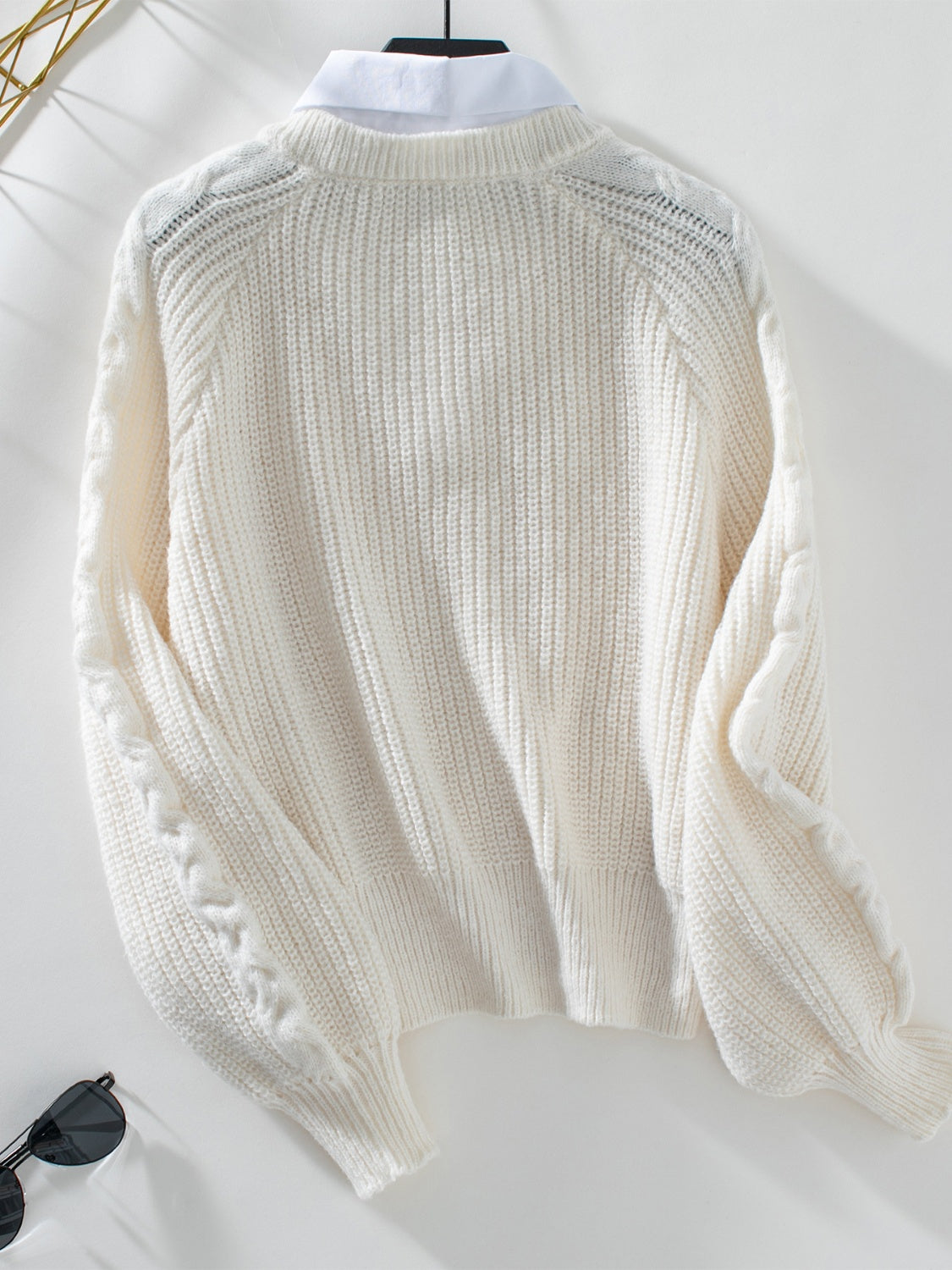 Layered Look Cable-Knit Sweater with Collared Neck