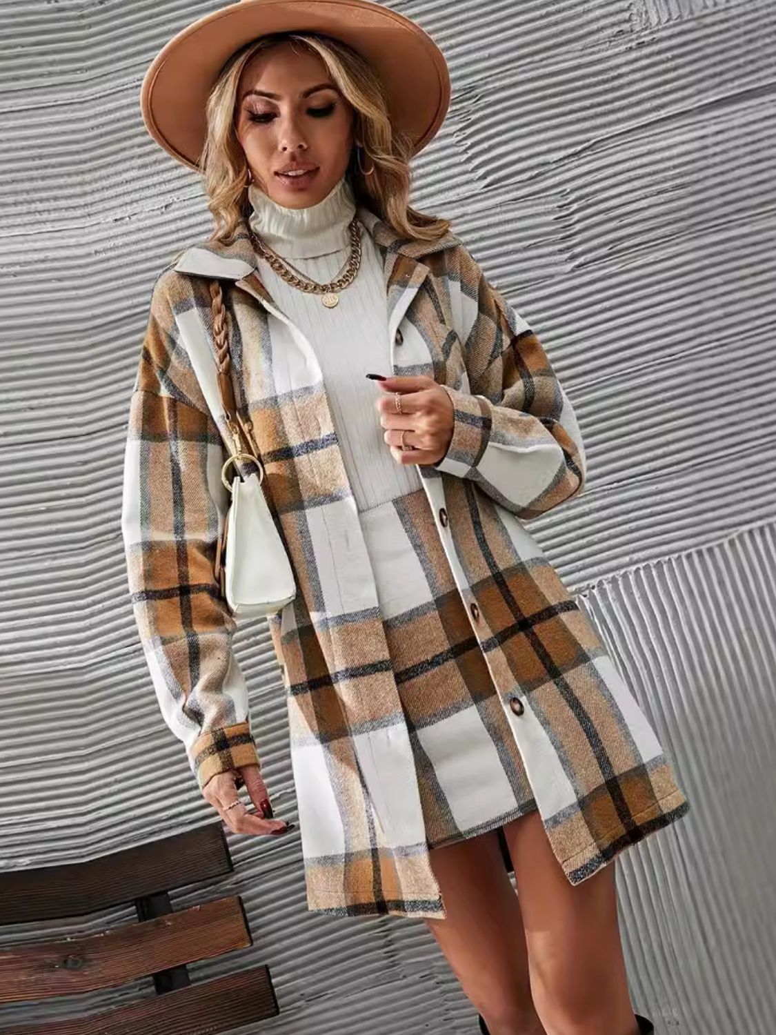 Plaid Long Sleeve Coat and Skirt Ensemble