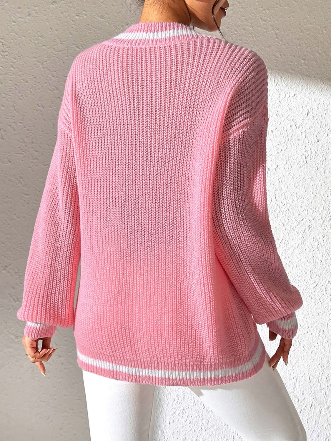 V-Neck Long Sleeve Sweater with Contrast Trim