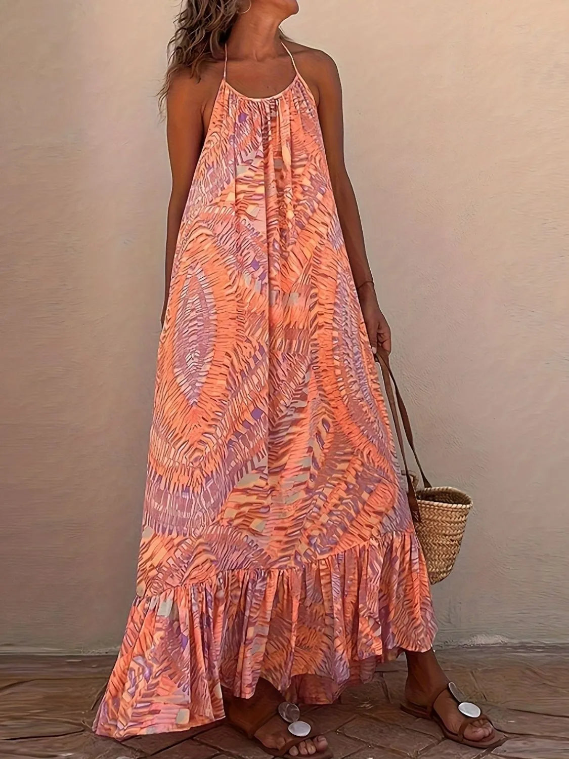 Backless Printed Halter Neck Maxi Cami Dress with ruffles, 100% polyester, machine washable, imported, size S, 47-inch length.