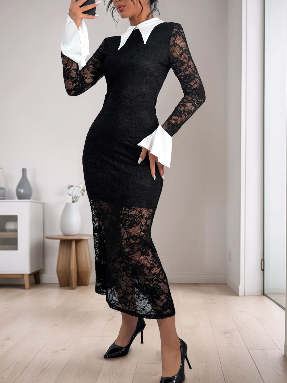 Lace-Trimmed Collared Long Sleeve Midi Dress