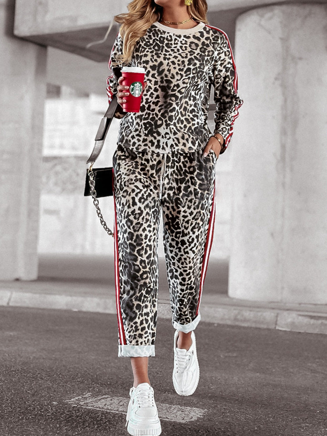 Leopard Print Long Sleeve Top and Pants Set with Pockets