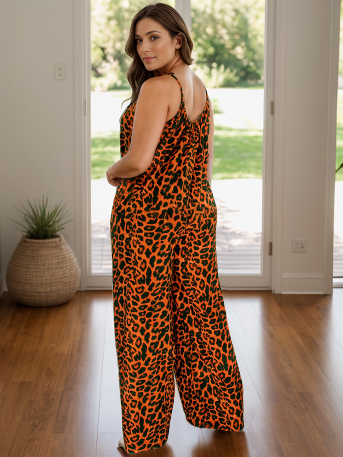 Leopard Print Wide Leg Jumpsuit with Scoop Neck and Pockets