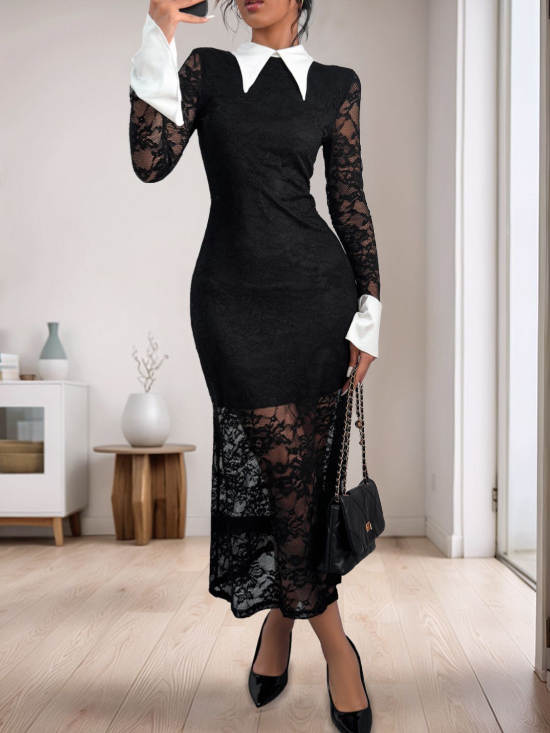 Lace-Trimmed Collared Long Sleeve Midi Dress