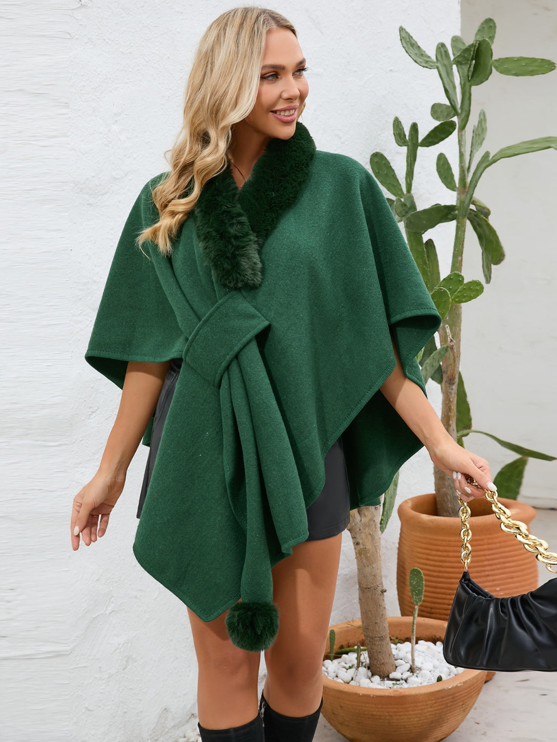 Cozy Fuzzy Trim Open Front Cape