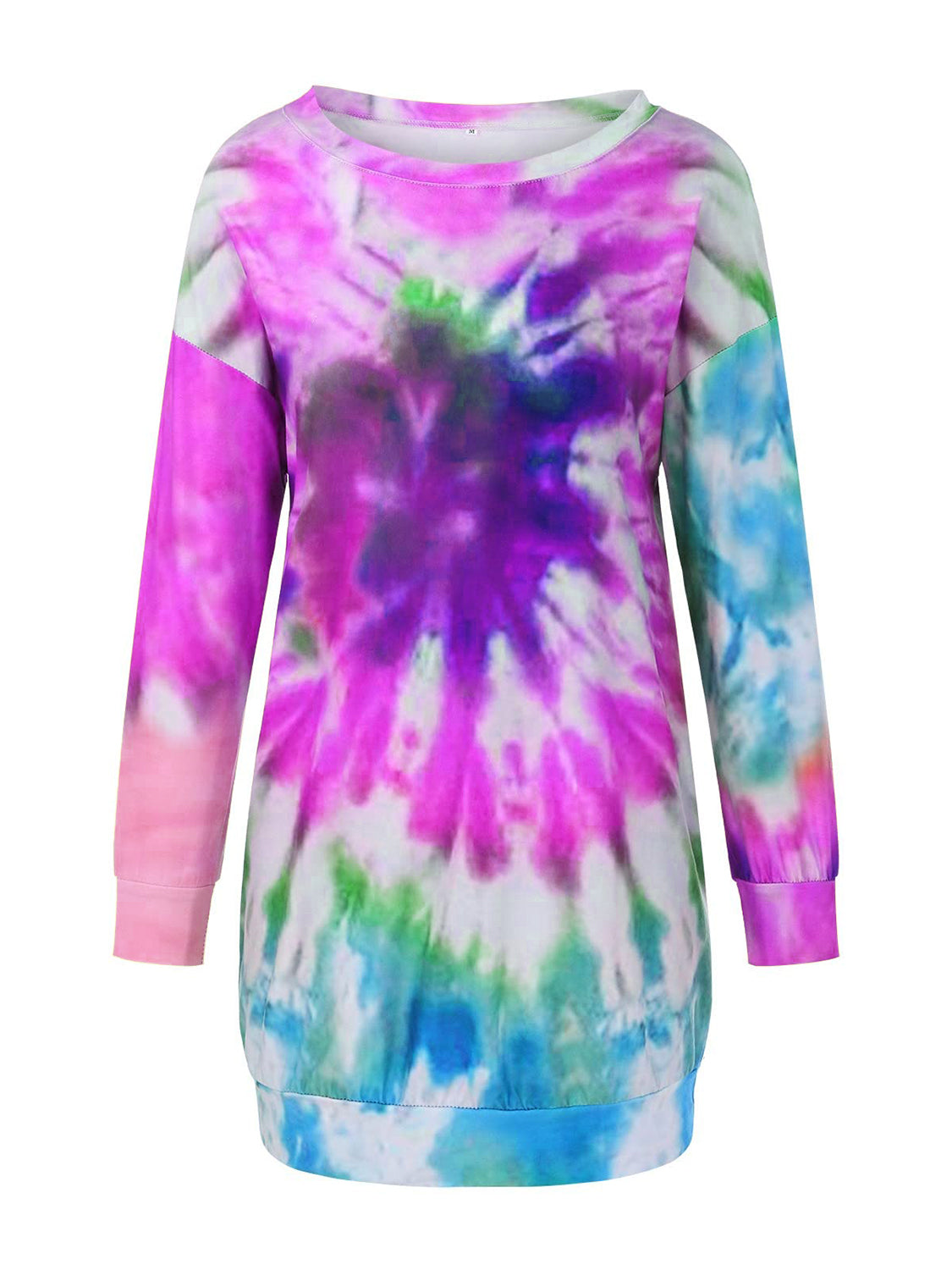 Colorful Tie-Dye Long Sleeve Dress with Round Neck