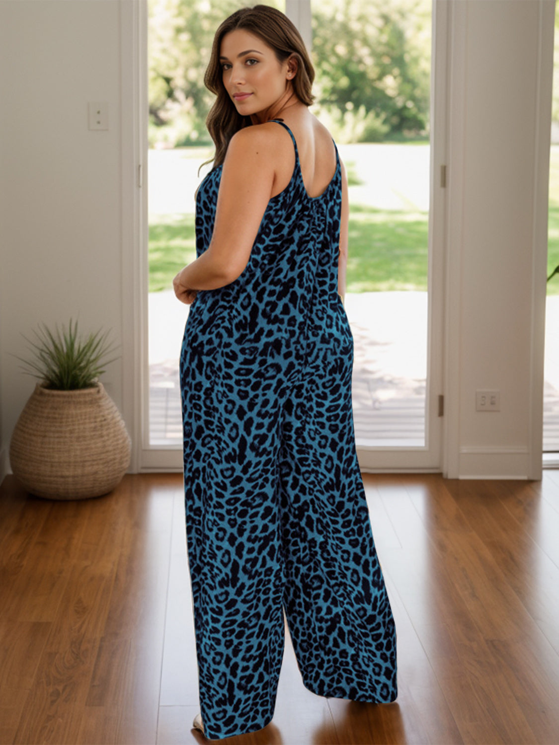 Leopard Print Wide Leg Jumpsuit with Scoop Neck and Pockets