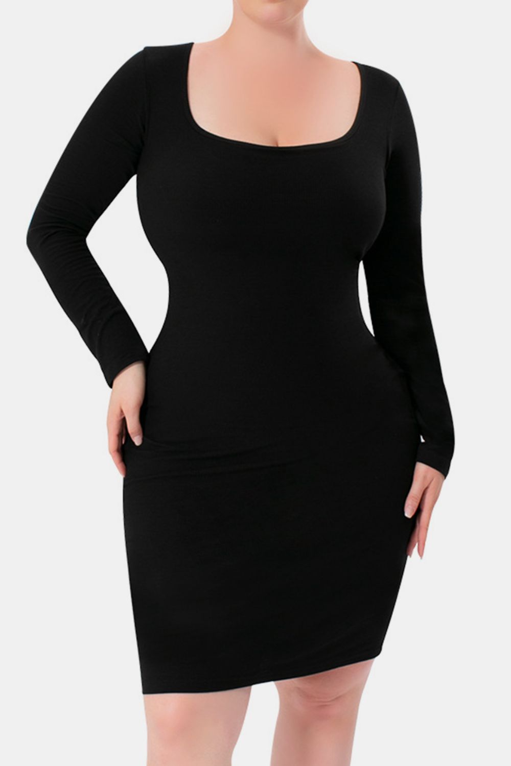 Square Neck Long Sleeve Dress with Integrated Shapewear