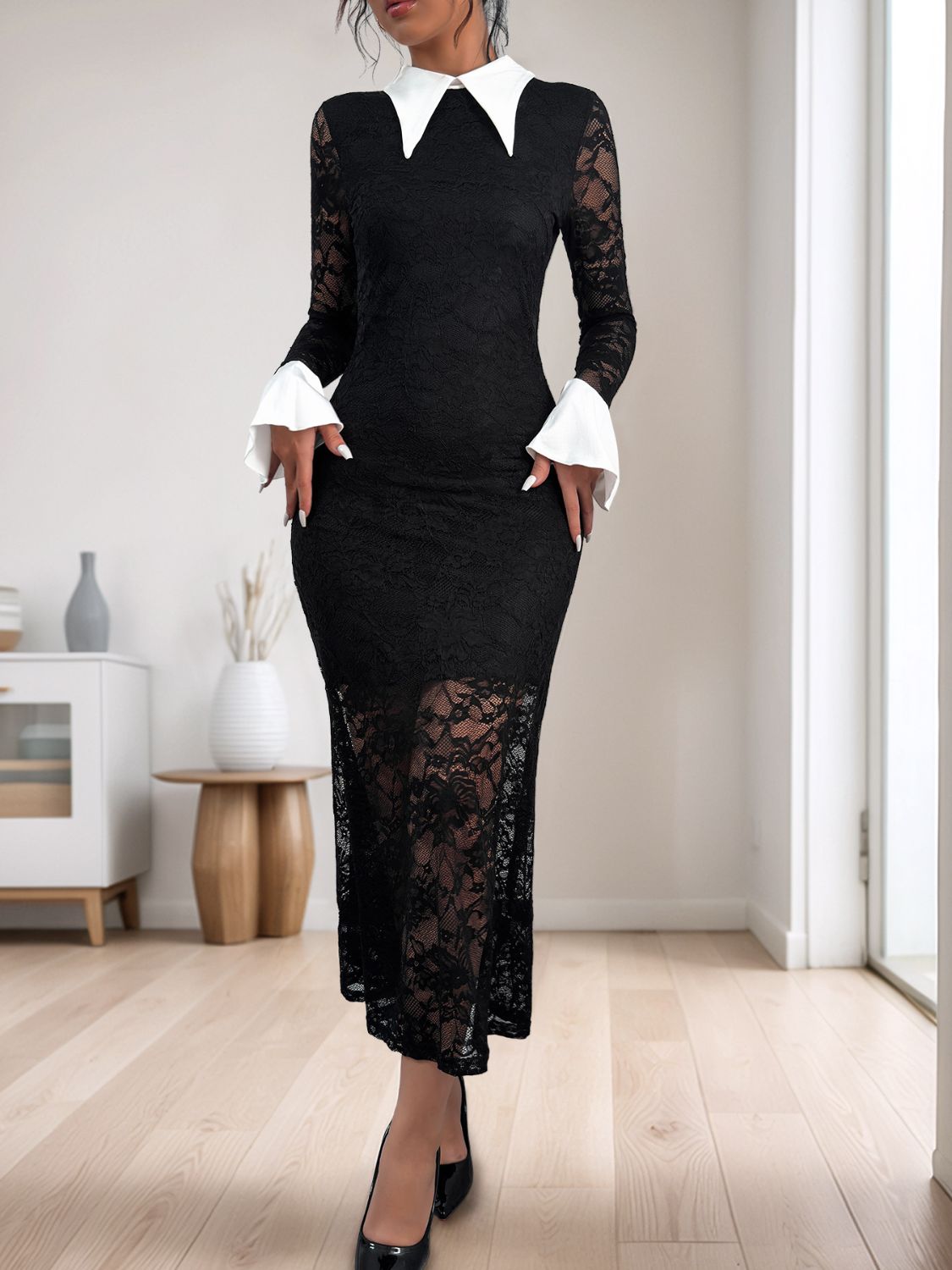 Lace-Trimmed Collared Long Sleeve Midi Dress