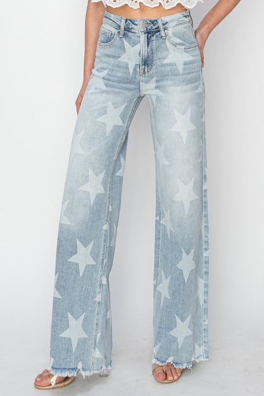 Raw Hem Star Wide Leg Jeans