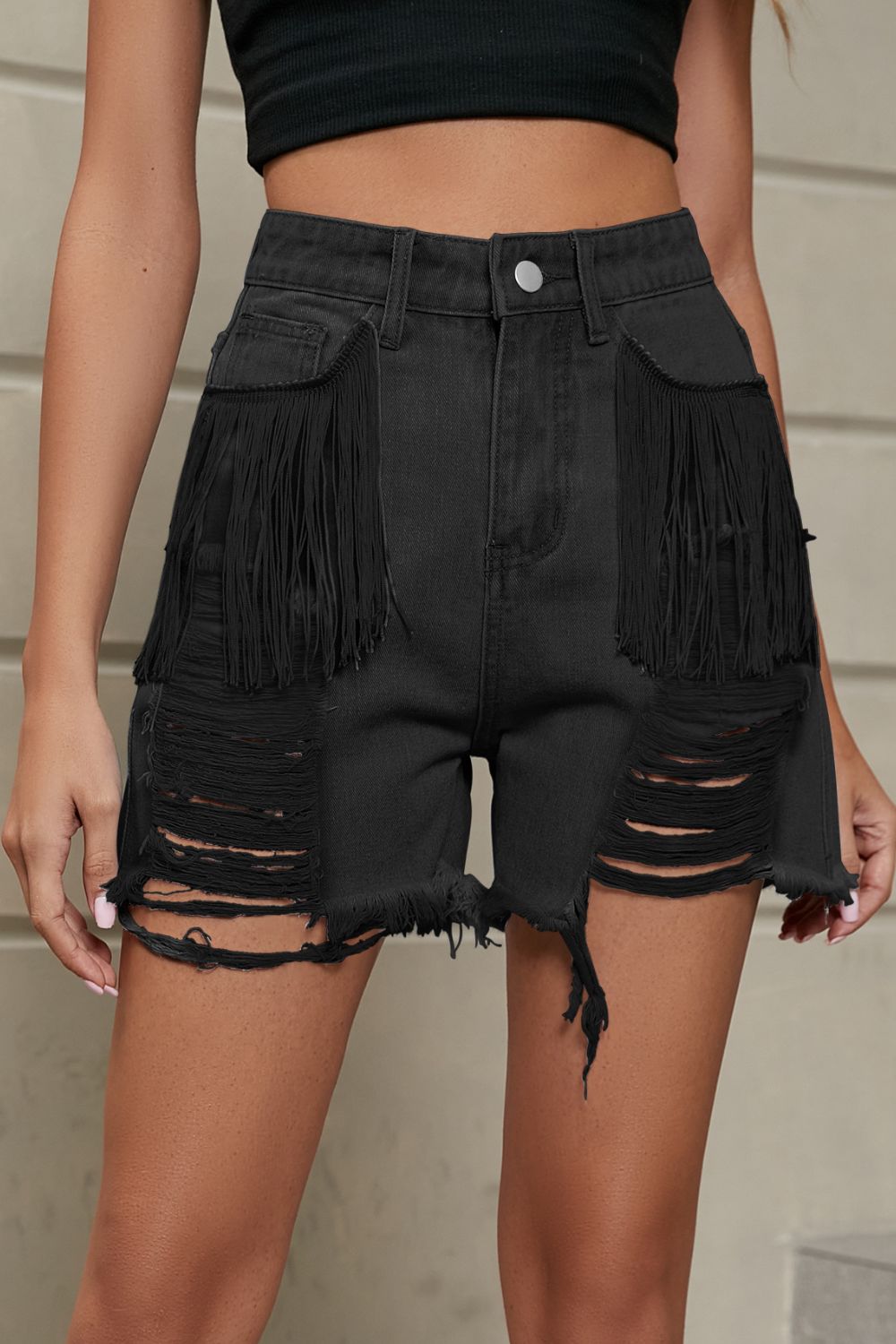 Boho Chic Frayed Hem Denim Shorts with Functional Pockets