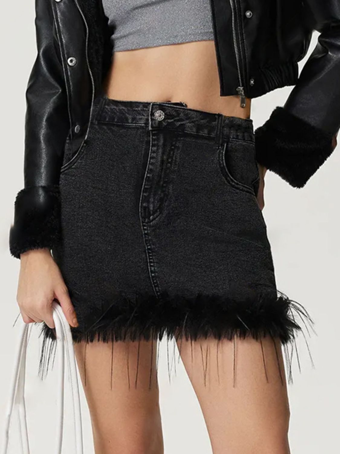 Button-Up Plush Denim Mini Skirt