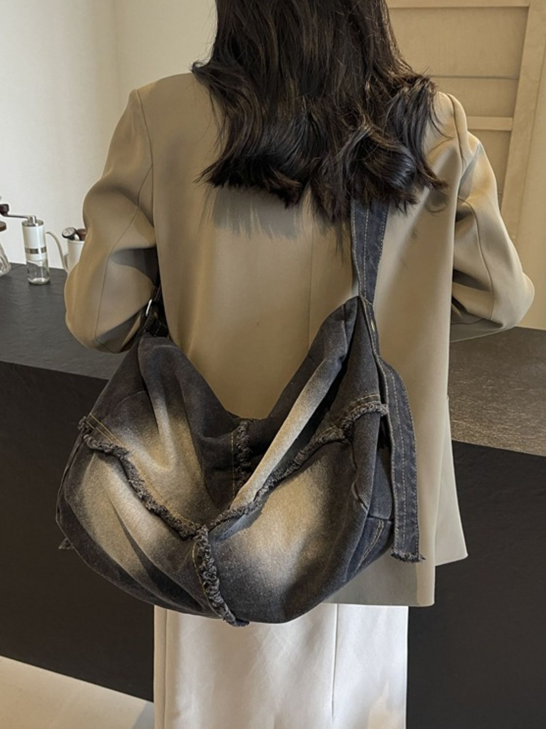 Denim Gradient Crossbody Bag with Raw Hem