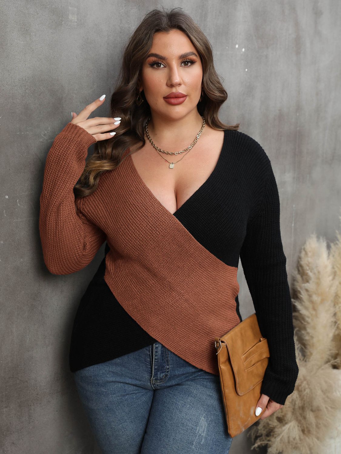 Curvy Colorblock Surplice Neck Sweater