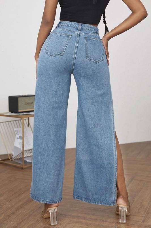 High Rise Distressed Cotton Straight Leg Jeans with Side Splits