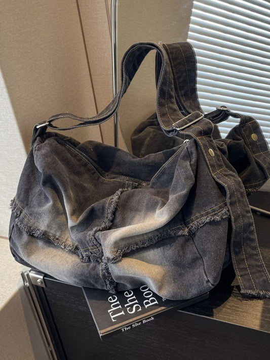 Denim Gradient Crossbody Bag with Raw Hem