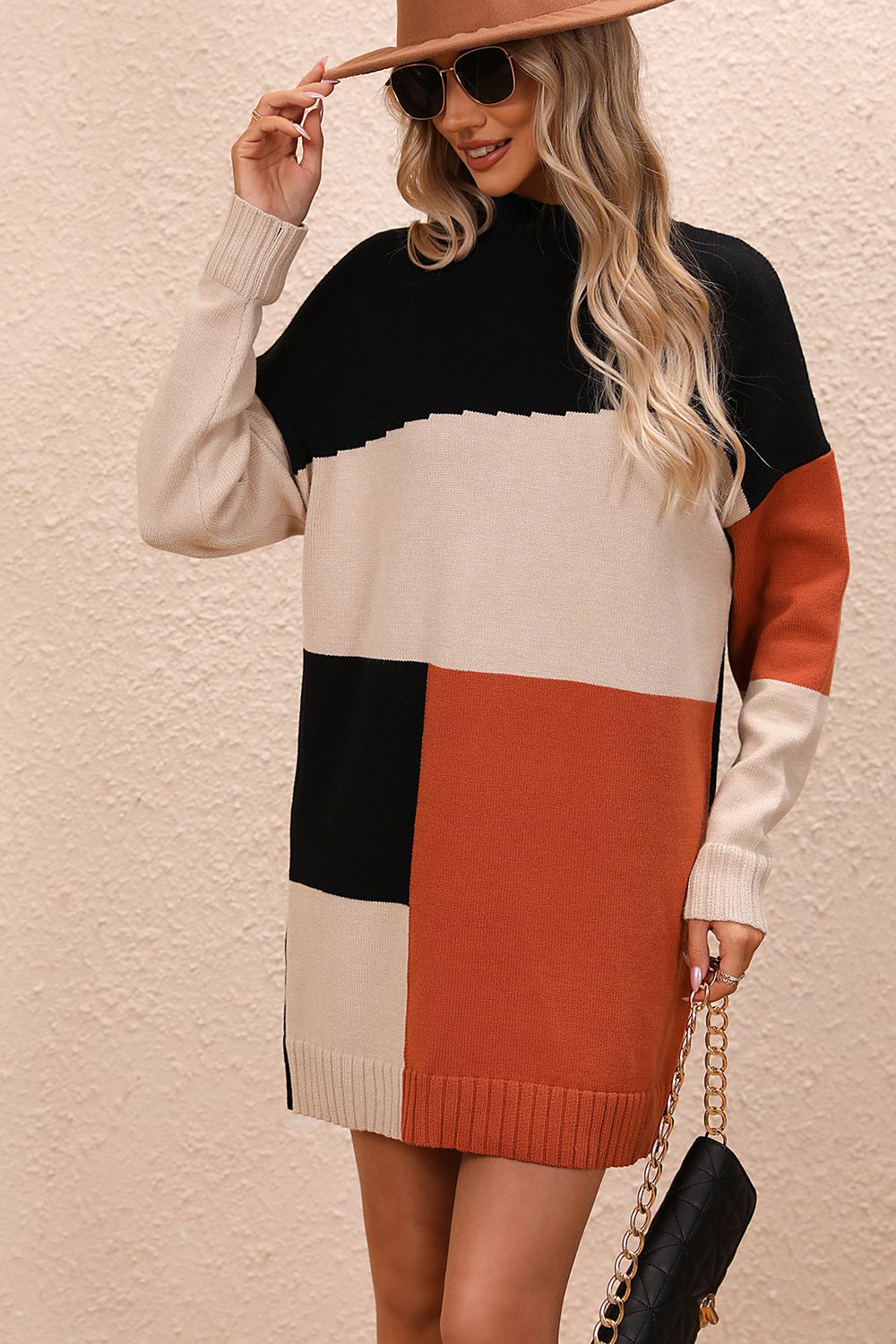 Color Blocked Long Sleeve Mini Sweater Dress with Mock Neck