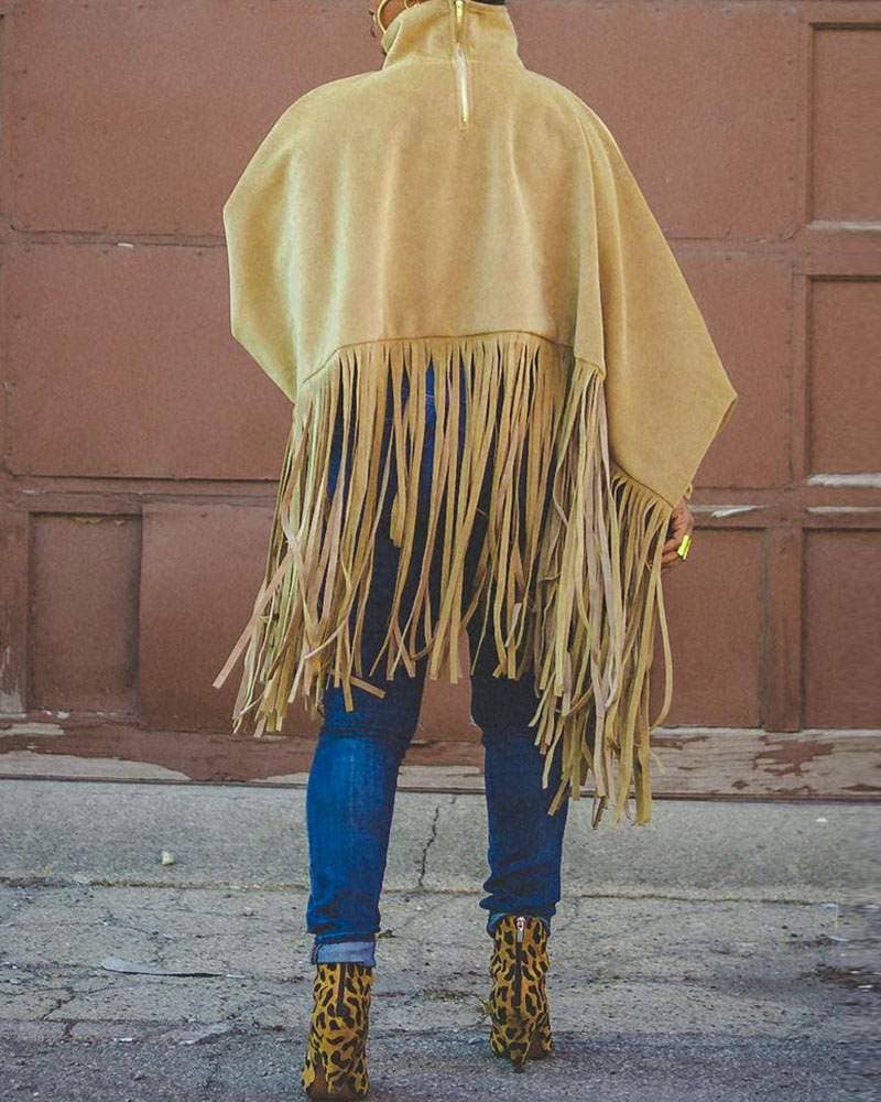 Chic High Neck Blouse with Lantern Sleeves and Tassel Accents