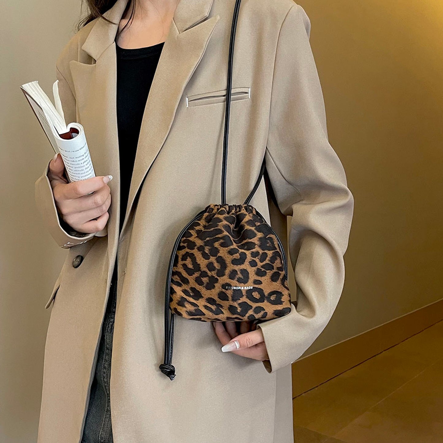 Drawstring Leopard Crossbody Bag