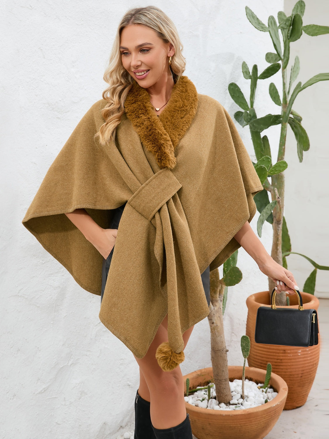 Cozy Fuzzy Trim Open Front Cape