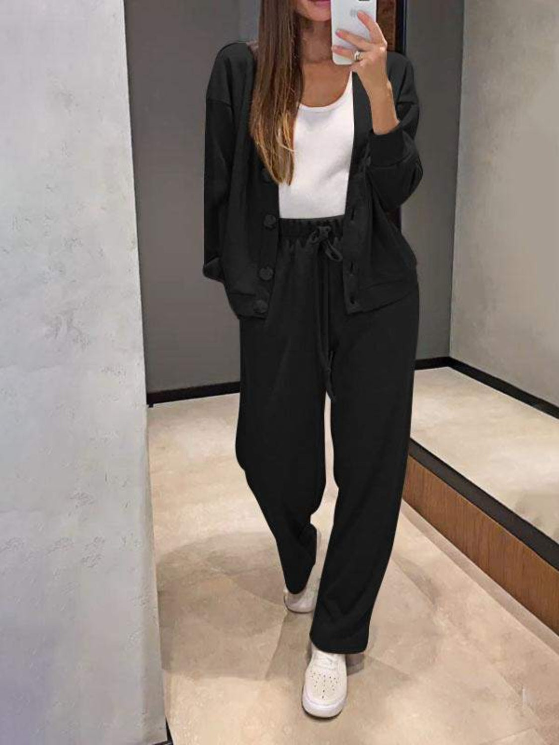 Button-Up Long Sleeve Shirt and Drawstring Pants Ensemble