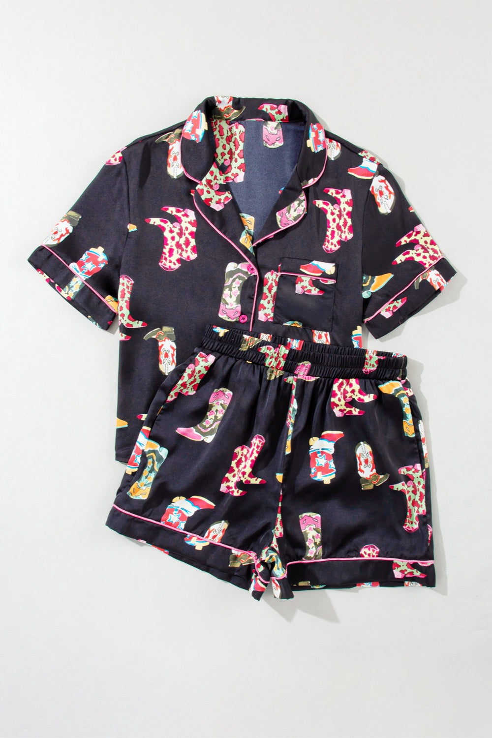 Stylish Printed Short Sleeve Lounge Set with Button-Up Top and Shorts