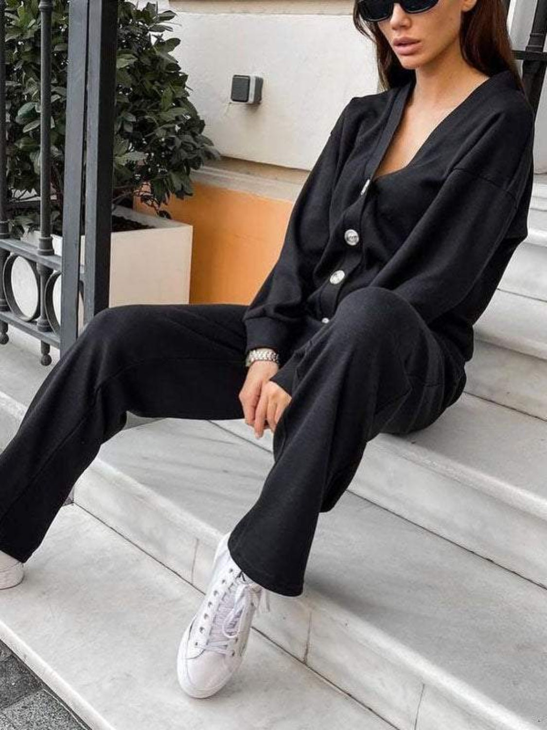 Button-Up Long Sleeve Shirt and Drawstring Pants Ensemble