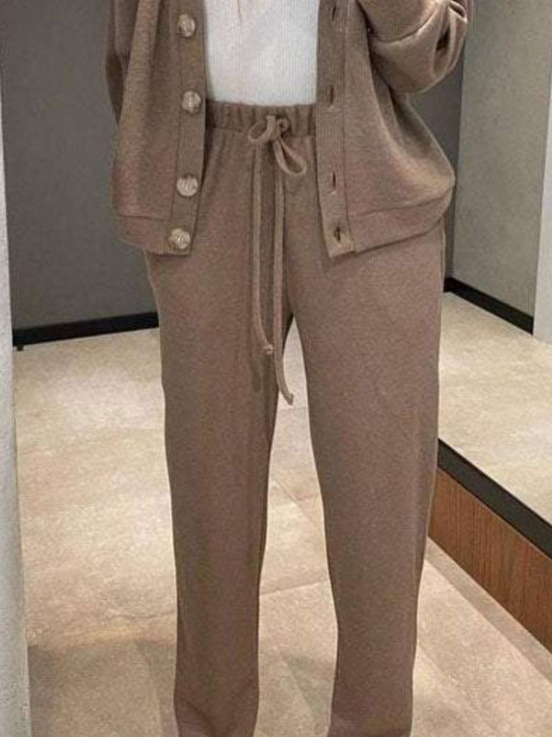 Button-Up Long Sleeve Shirt and Drawstring Pants Ensemble