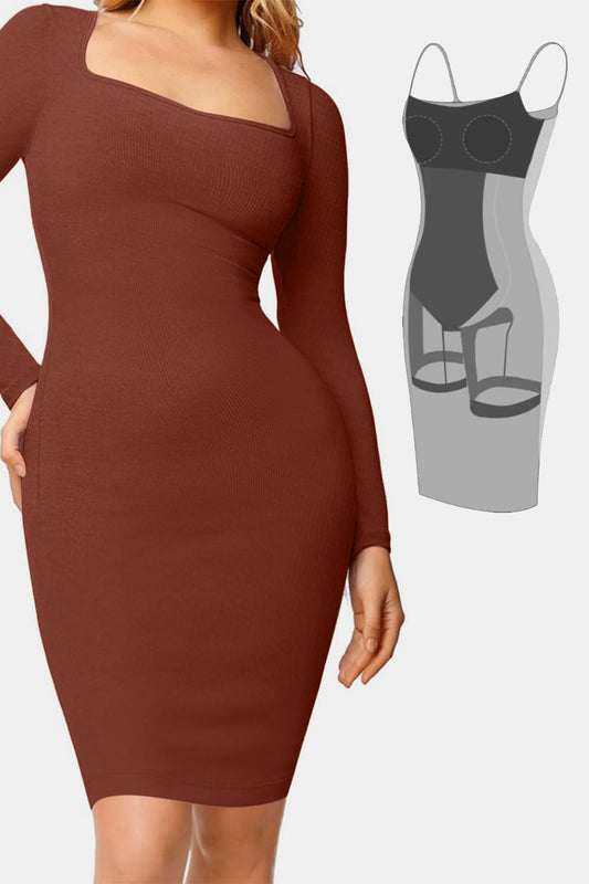 Square Neck Long Sleeve Dress with Integrated Shapewear