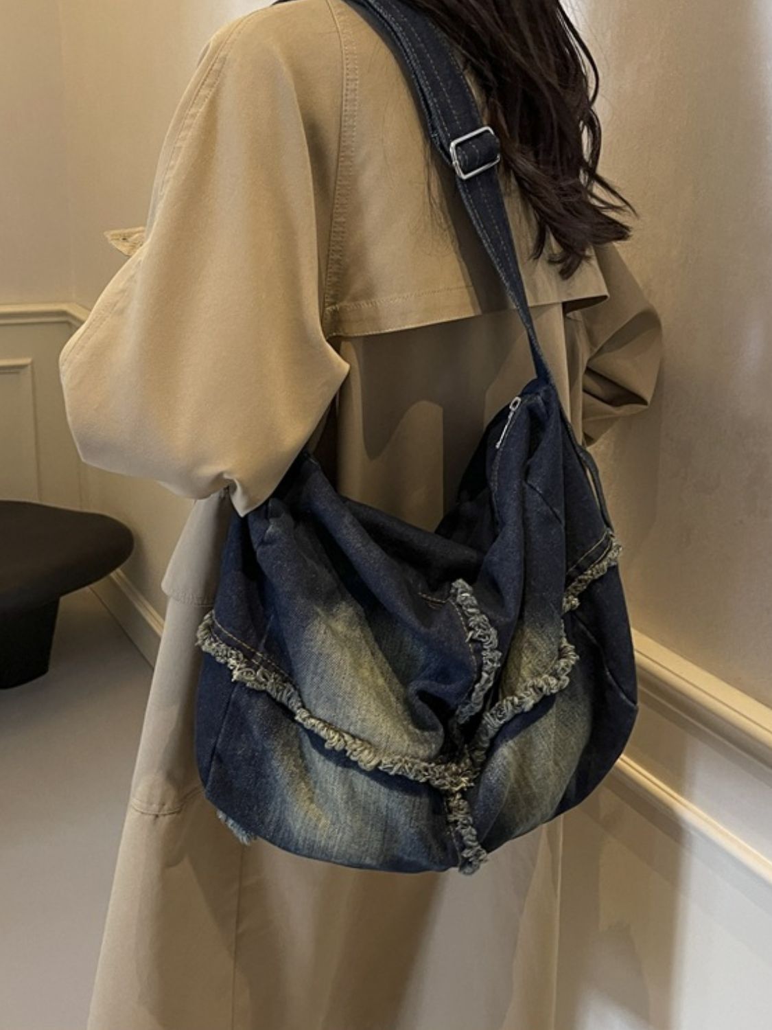 Denim Gradient Crossbody Bag with Raw Hem