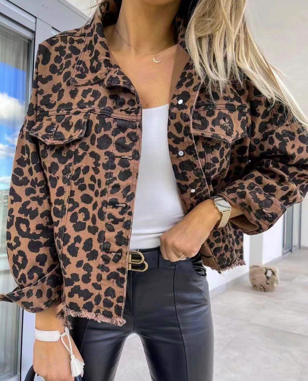 Leopard Print Raw Hem Denim Jacket with Collared Neck