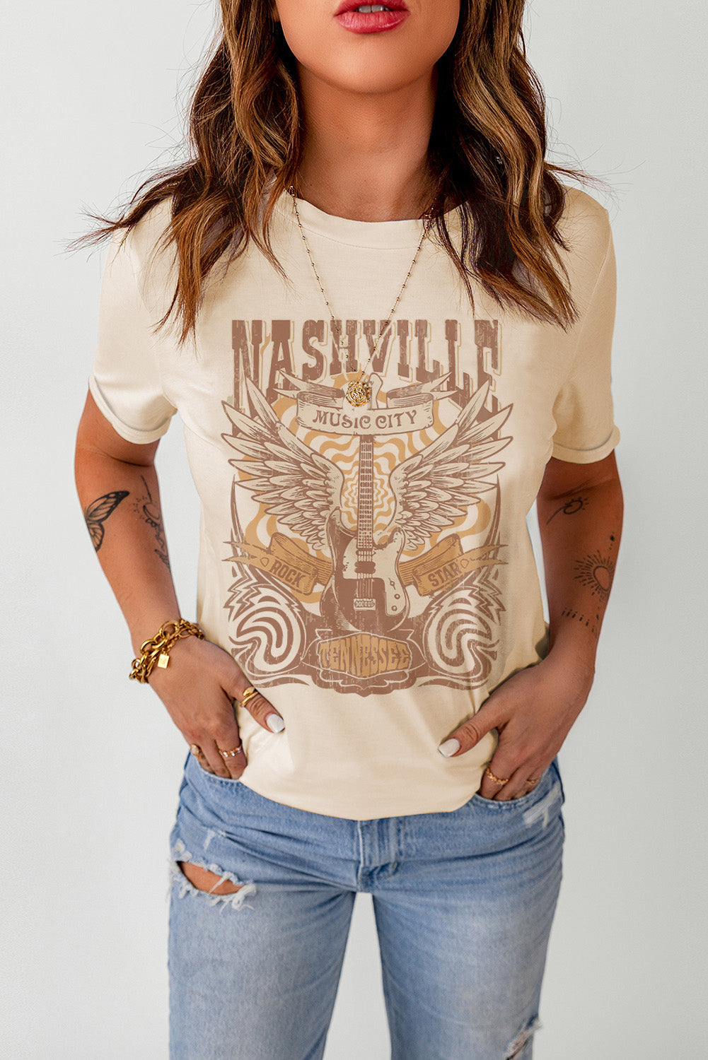 Graphic Print Casual Tee with Round Neck